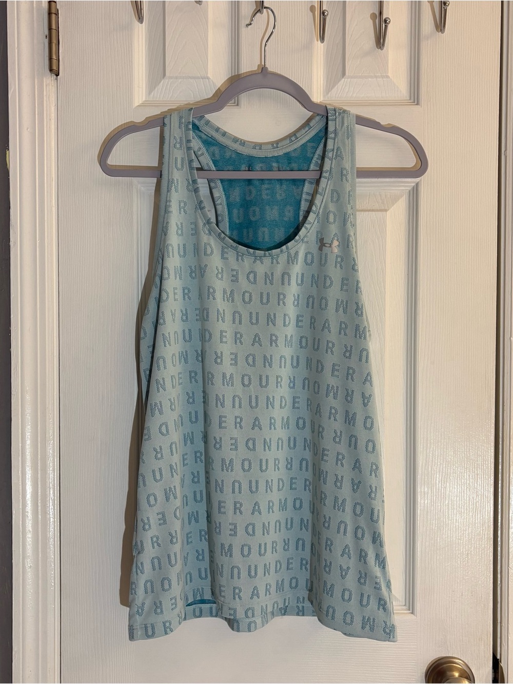 Under Armour Large Tank Blue Teal All Over Logo Print Loose Fit Racerback Sz XL.